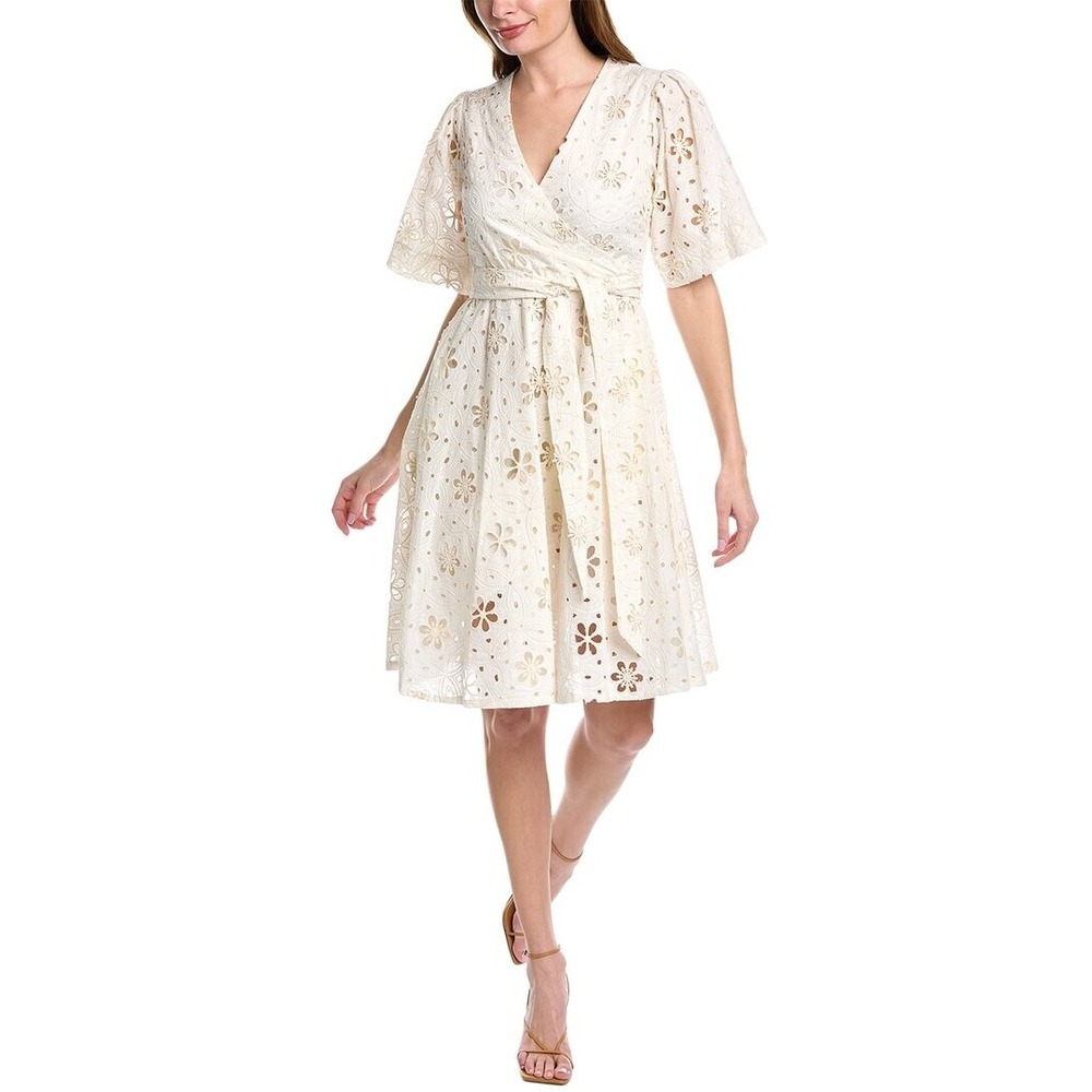 Tahari Womens White Crochet Eyelet Floral Lined V Neck Fit & Flare Dress‎ Size 6